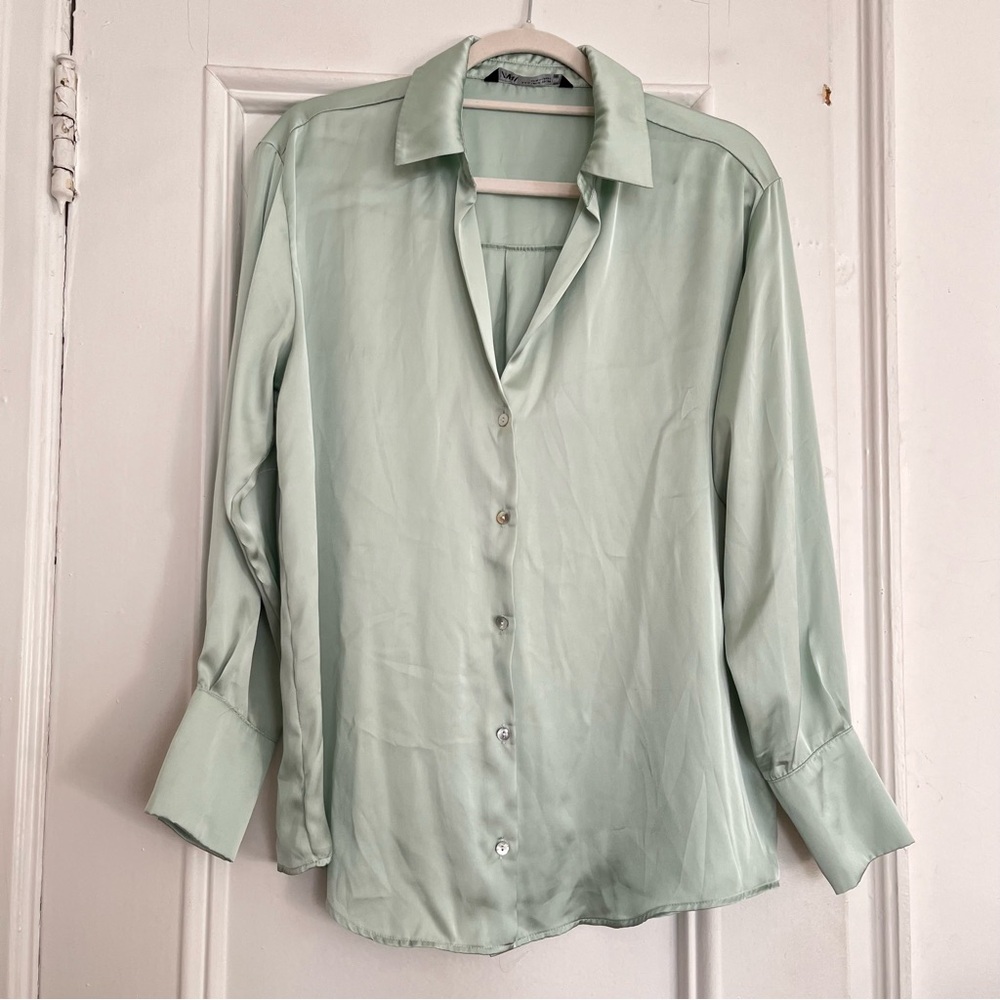 Silk feel mint green button down shirt